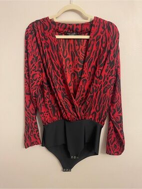 ZARA Red and Black Animal-Print Wrap Bodysuit